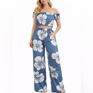 0589. Floral 2pc set Off-Shoulder in Blue and White